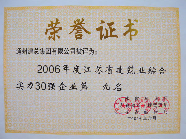 2006年度江苏省建筑业综合实力30强企业第九名