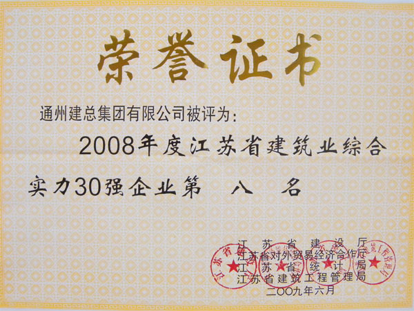 2008年度江苏省建筑业综合实力30强第八名